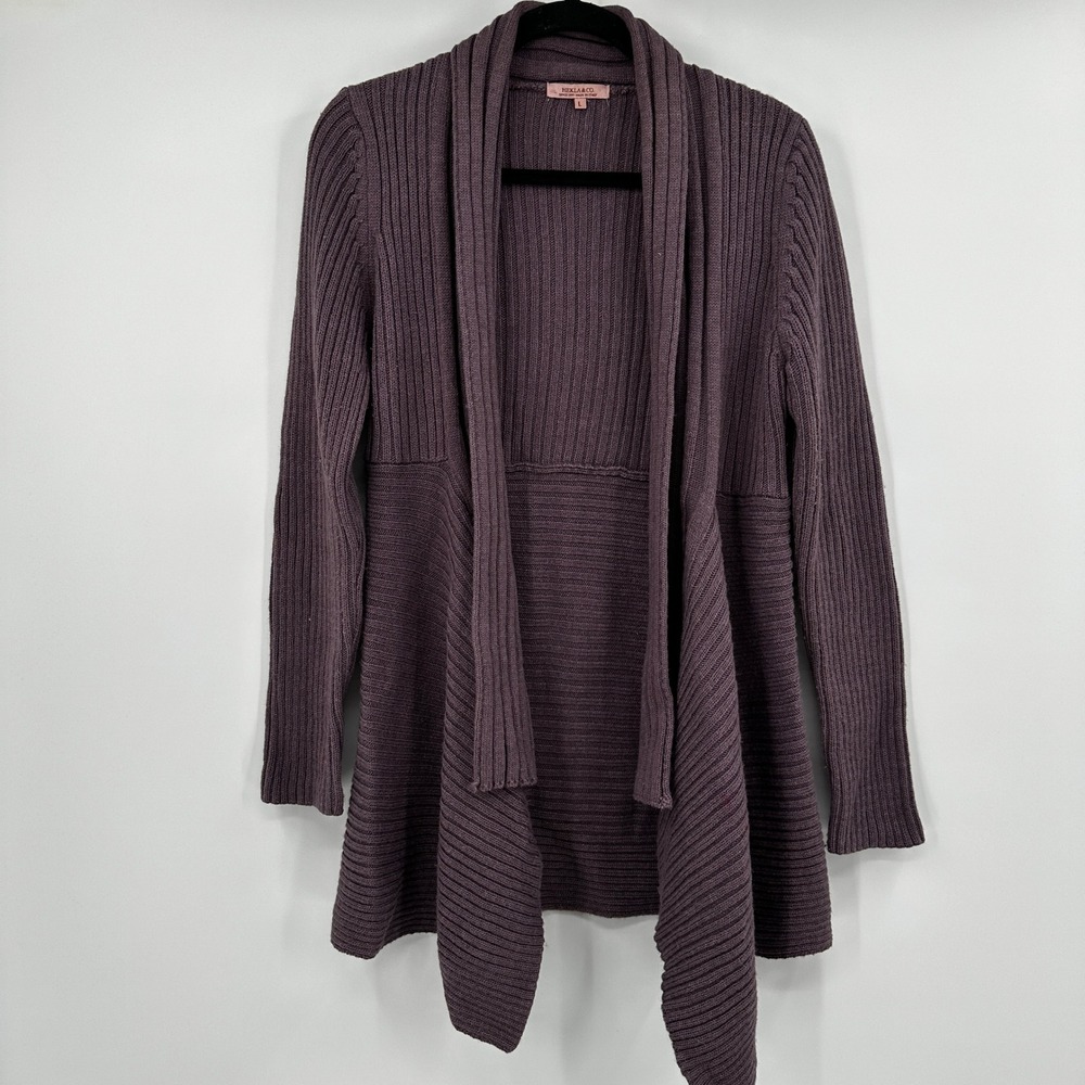 Hekla & Co Plum Purple Wool Blend Ribbed Open Front Cardigan Sweater Large Cozy